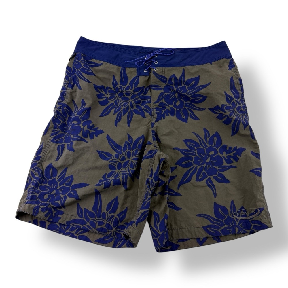 Pataloha‎ Gray Blue Floral Swim Trunks Drawstring Nylon Board Shorts Men's 36x9